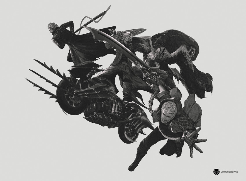 1boy, 4boys, absurdres, arm_tattoo, bandaged_arm, bandages, bird, boots, bracelet, cane, closed_mouth, coat, dante_(devil_may_cry), devil_may_cry_(series), devil_may_cry_5, facial_hair, fingerless_gloves, fingernails, gloves, grey_background, greyscale, griffon_(devil_may_cry_5), grin, hair_over_one_eye, hair_slicked_back, hand_on_own_hip, hand_tattoo, hatching_(texture), highres, holding, holding_cane, holding_sword, holding_weapon, hood, hood_down, hooded_coat, jewelry, katana, male_focus, mechanical_arms, monochrome, monster, motor_vehicle, motorcycle, multiple_boys, nero_(devil_may_cry), nightmare_(devil_may_cry), no_pupils, open_clothes, open_coat, open_hand, open_mouth, over_shoulder, padded_coat, parted_lips, sandals, scabbard, shadow_(devil_may_cry_5), sheath, simple_background, single_glove, single_mechanical_arm, sleeves_rolled_up, smile, standing, stubble, sword, tattoo, teeth, thigh_strap, torn, torn_clothes, torn_coat, v_(devil_may_cry), vergil_(devil_may_cry), weapon, weapon_over_shoulder, wint_fox