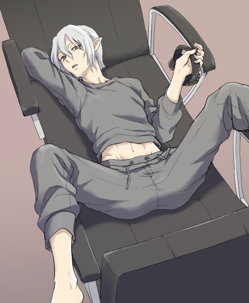 1boy, arm_up, barefoot, chair, feet_out_of_frame, fingernails, grey_hair, grey_pants, grey_shirt, hair_between_eyes, headphones, headphones_removed, kemono_jihen, looking_at_viewer, lying, male_focus, mihai_florescu, moyo_(inuchiyo), navel, on_back, pants, pointy_ears, red_eyes, sharp_fingernails, shirt, simple_background, spread_legs