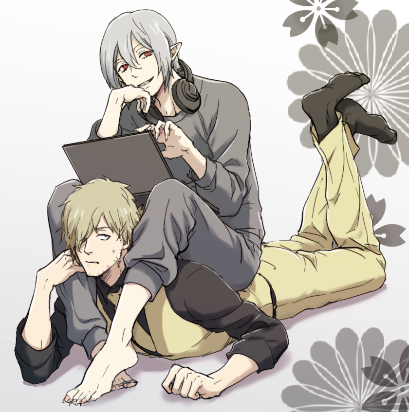 2boys, black_legwear, computer, facial_hair, grey_hair, grey_pants, hair_between_eyes, hair_over_one_eye