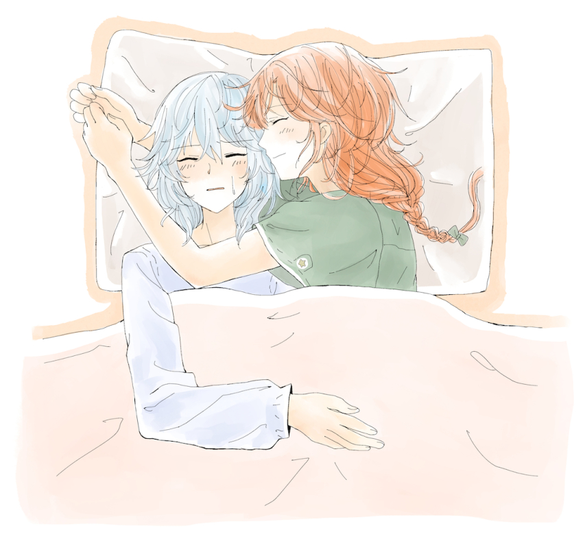 2girls, alternate_hairstyle, blush, braid, hong_meiling, izayoi_sakuya, long_sleeves, mitsu_(mitu_ll)