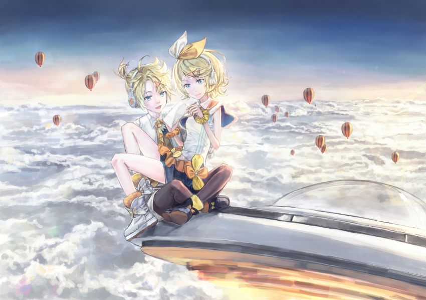 1boy, 1girl, 54cr, above_clouds, aircraft, blonde_hair, blue_eyes, boots