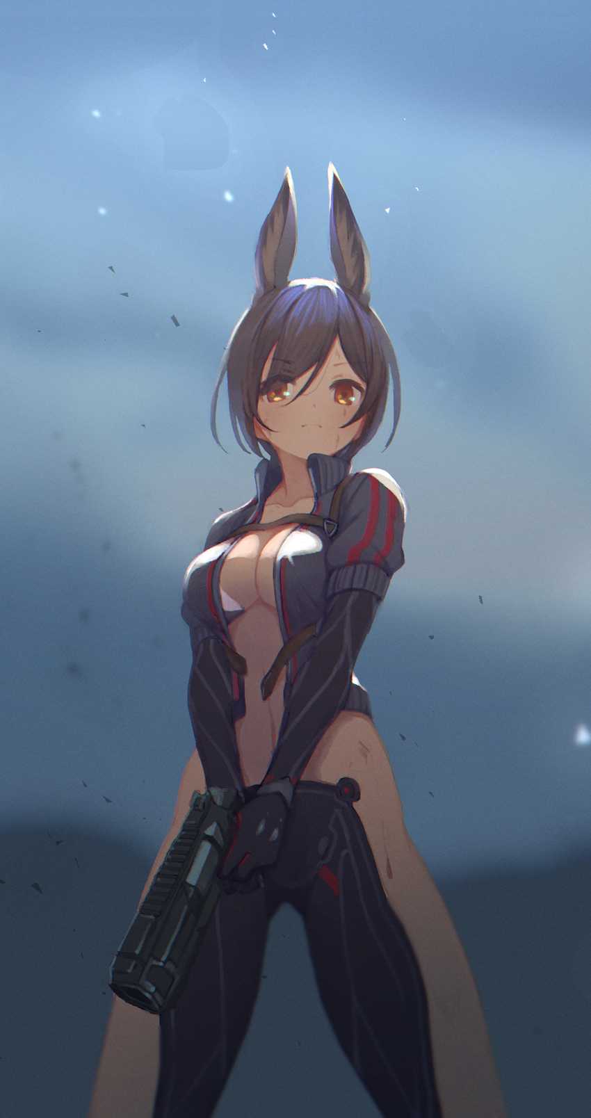 1girl, android, animal_ear_fluff, animal_ears, breasts, brown_eyes, brown_hair, rabbit_ears