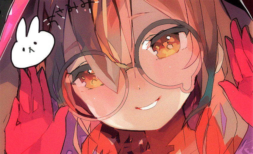 1girl, brown_eyes, brown_hair, close-up, glasses, gloves, hair_over_one_eye, hololive, looking_at_viewer, megaron, open_hands, red_gloves, roboco-san, round_eyewear, smile, solo, teardrop-framed_glasses, virtual_youtuber