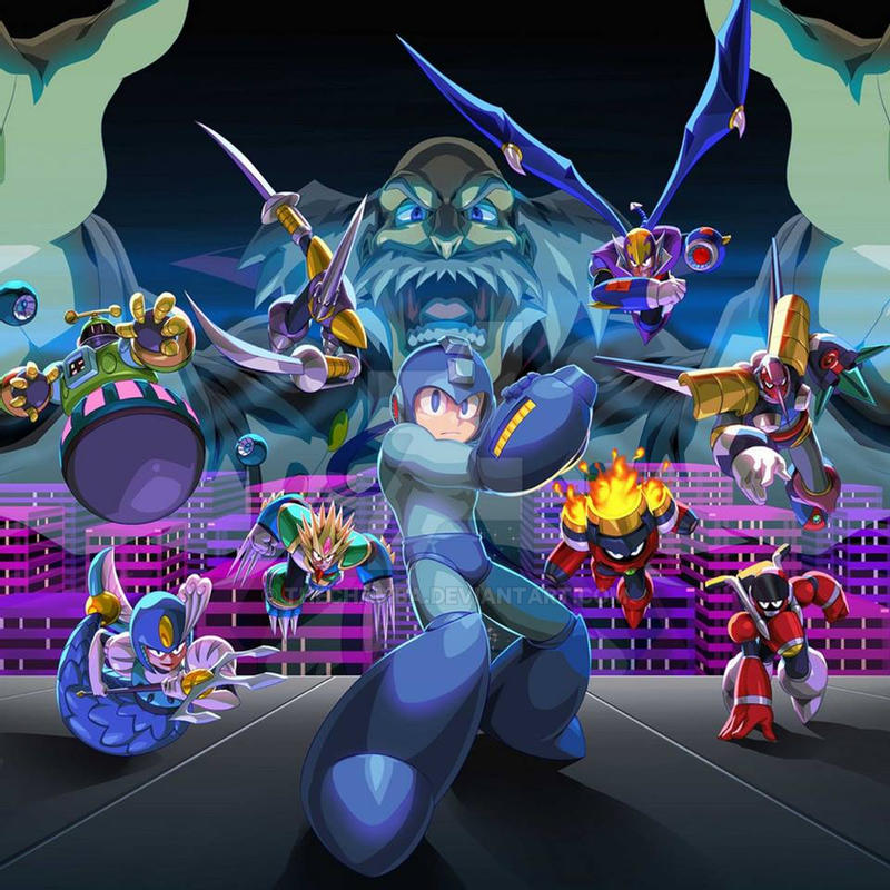 1girl, 6+boys, arm_cannon, astro_man, blade_man, blue_eyes, building, dr._wily_(mega_man)