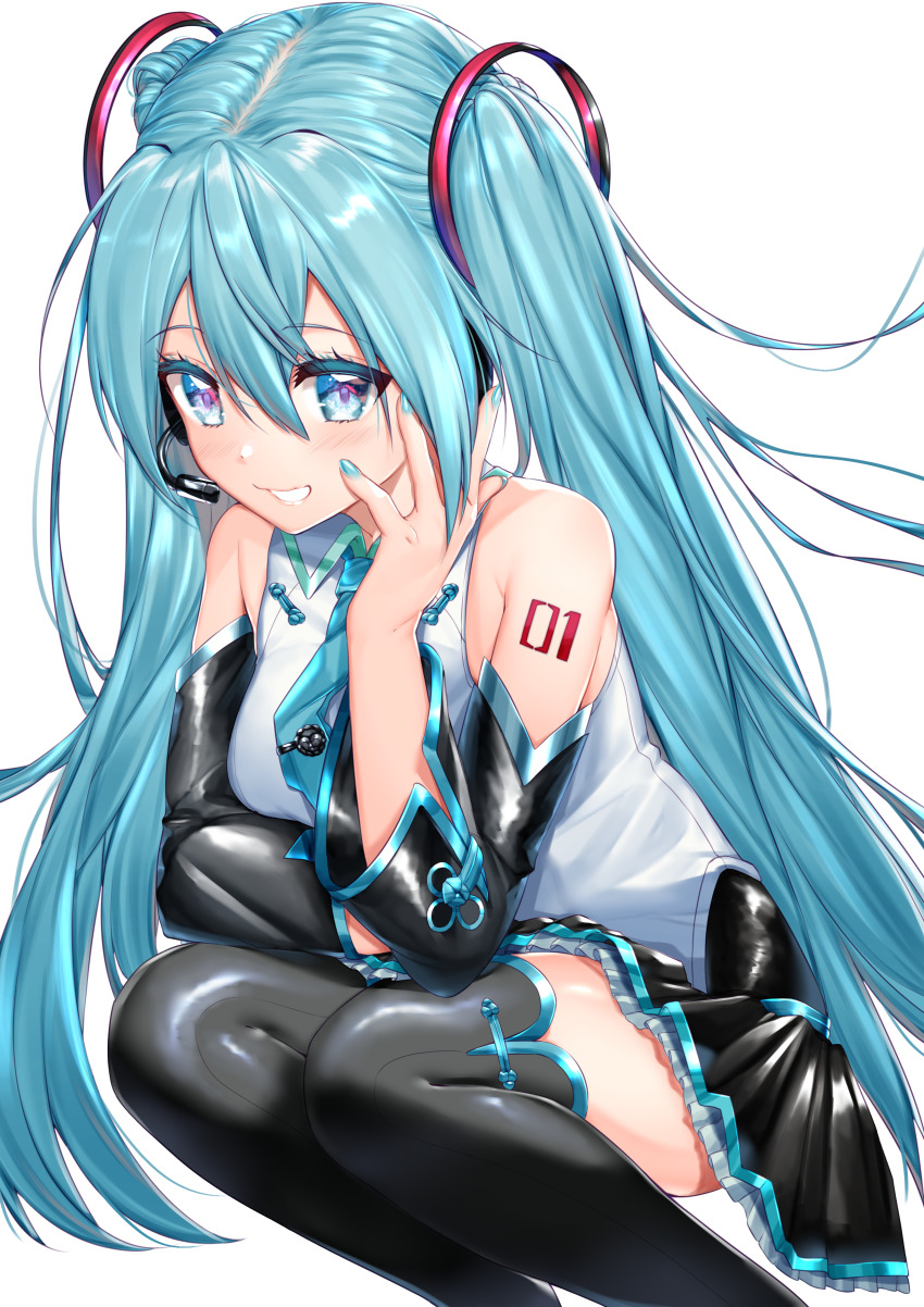 1girl, absurdres, adapted_costume, aqua_eyes, aqua_hair, aqua_nails, bare_shoulders, black_thighhighs