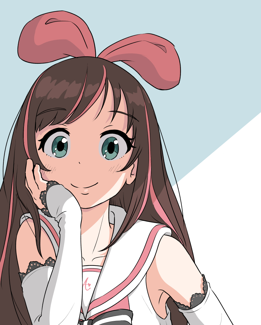 1girl, absurdres, blue_background, blush, bow, bow_hairband, brown_hair, closed_mouth