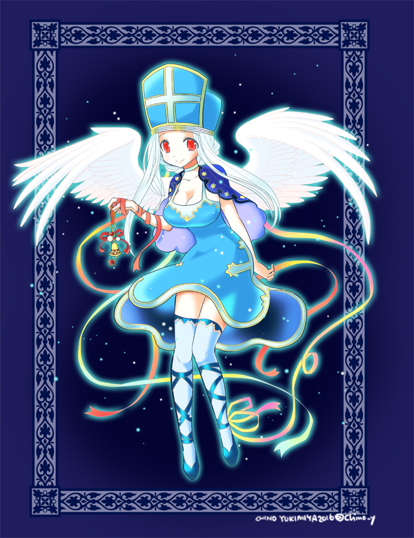 1girl, angel_wings, bad_id, bad_pixiv_id, bell, blue_hair, braid, braided_bun, breasts, choker, cleavage, closed_mouth, dragon_quest, dragon_quest_iii, dress, framed, full_body, glowing, glowing_wings, hair_bun, hat, long_hair, mitre, priest_(dq3), red_eyes, shawl, smile, solo, thighhighs, wings, yukimiya_chino