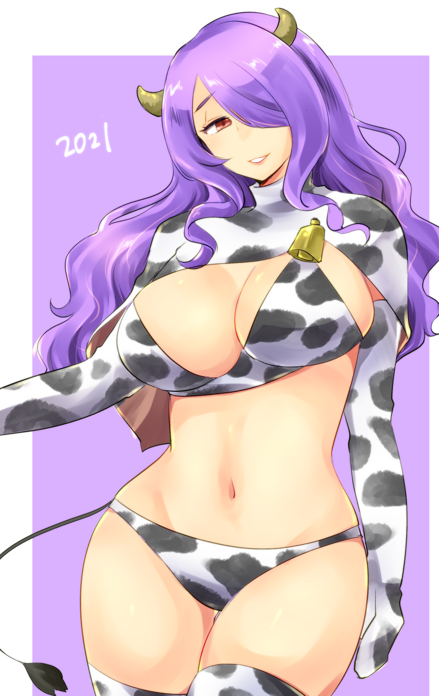 1girl, 2021, animal_ears, animal_print, bad_id, bad_pixiv_id, bell, breasts, camilla_(fire_emblem), cleavage, cow_girl, cow_horns, cow_print, cow_tail, cowbell, elbow_gloves, fire_emblem, fire_emblem_awakening, gloves, hair_over_one_eye, highres, horns, large_breasts, long_hair, looking_at_viewer, nintendo, purple_eyes, purple_hair, shougayaki_(kabayaki_3), smile, solo, tail, turtleneck