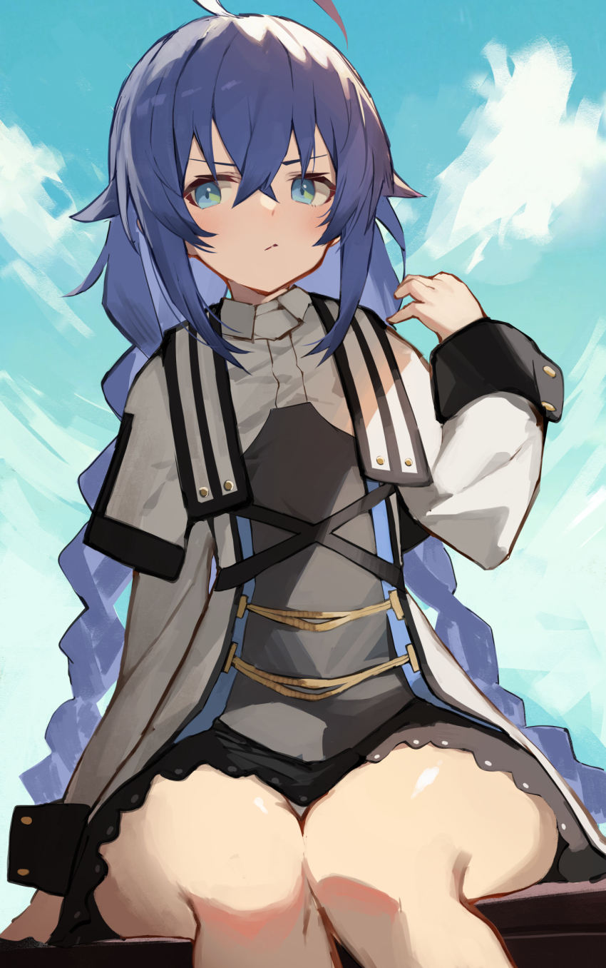 1girl, ahoge, amagasa_yun, blue_hair, blue_sky, blush, braid, breasts, capelet, closed_mouth, crossed_bangs, dress, hair_between_eyes, highres, long_hair, long_sleeves, looking_at_viewer, mushoku_tensei, roxy_migurdia, sitting, sky, small_breasts, solo, thighs, twin_braids