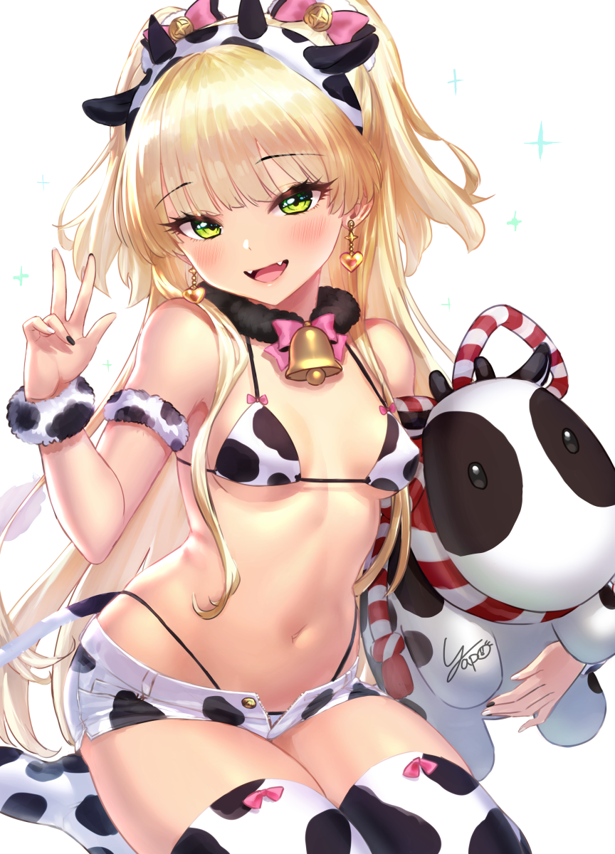 1girl, :d, animal_ears, animal_print, artist_name, bell, black_nails, blonde_hair, blush, bow, bowtie, breasts, chinese_zodiac, cow_ears, cow_horns, cow_print, cowbell, earrings, fake_animal_ears, fake_horns, fangs, fur_trim, green_eyes, hand_up, heart, heart_earrings, highres, holding, holding_stuffed_toy, horns, idolmaster, idolmaster_cinderella_girls, jewelry, jougasaki_rika, long_hair, looking_at_viewer, nail_polish, navel, no_shoes, open_mouth, pink_hair, short_shorts, shorts, signature, simple_background, sitting, small_breasts, smile, solo, stuffed_animal, stuffed_cow, stuffed_toy, thighhighs, thighs, two_side_up, w, wariza, white_background, white_shorts, white_thighhighs, yapo_(croquis_side), year_of_the_ox