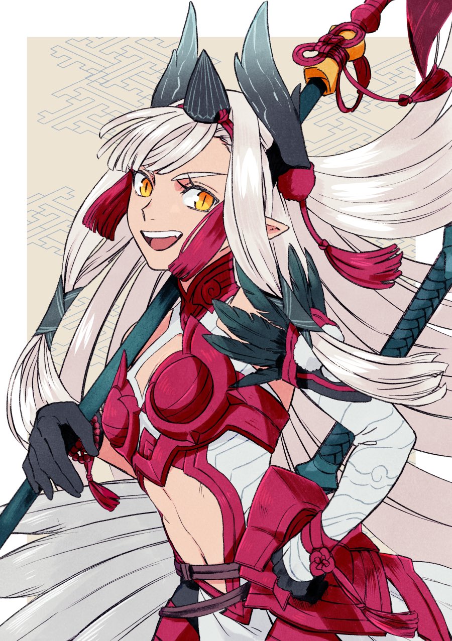 1girl, black_gloves, clothing_cutout, fate/grand_order, fate_(series), feathers, gloves, hand_on_own_hip