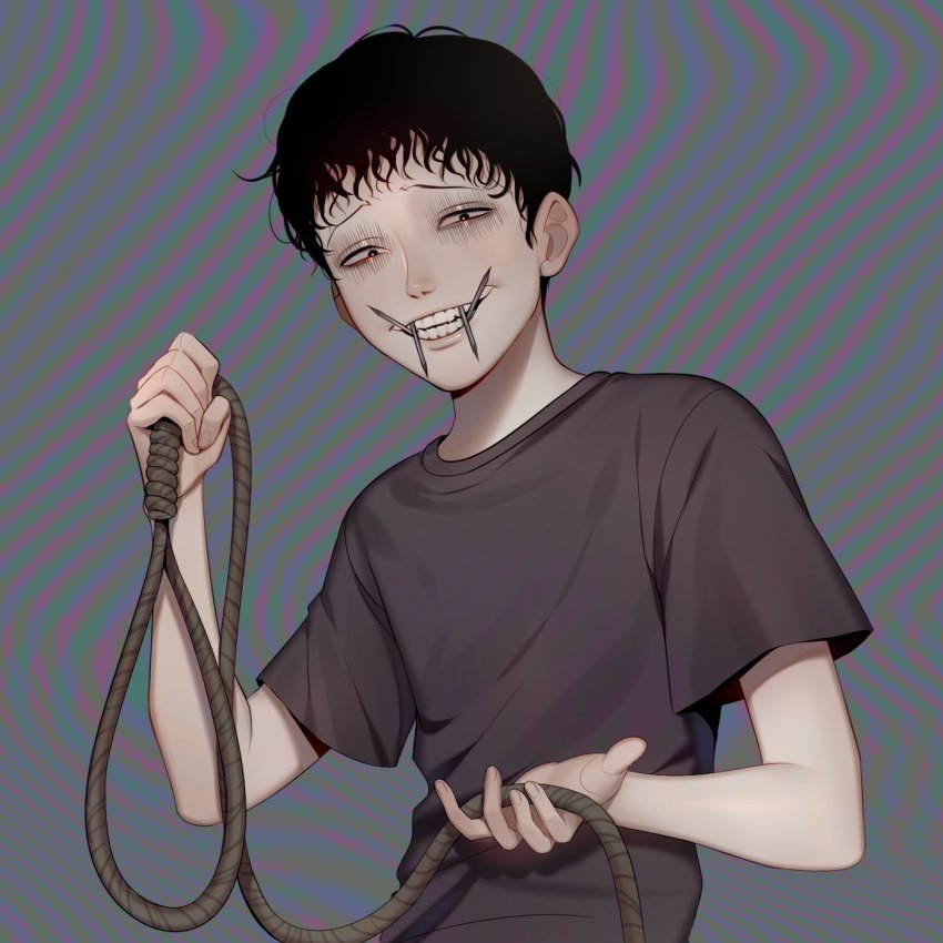 1boy, bags_under_eyes, black_eyes, black_hair, commentary, english_commentary, fingernails, grey_shirt, hand_up, highres, holding, junji_ito_(series), junji_ito_collection, lavelis, looking_at_viewer, male_focus, nail_(hardware), noose, sanpaku, shaded_face, shirt, short_hair, short_sleeves, smile, solo, tsujii_souichi