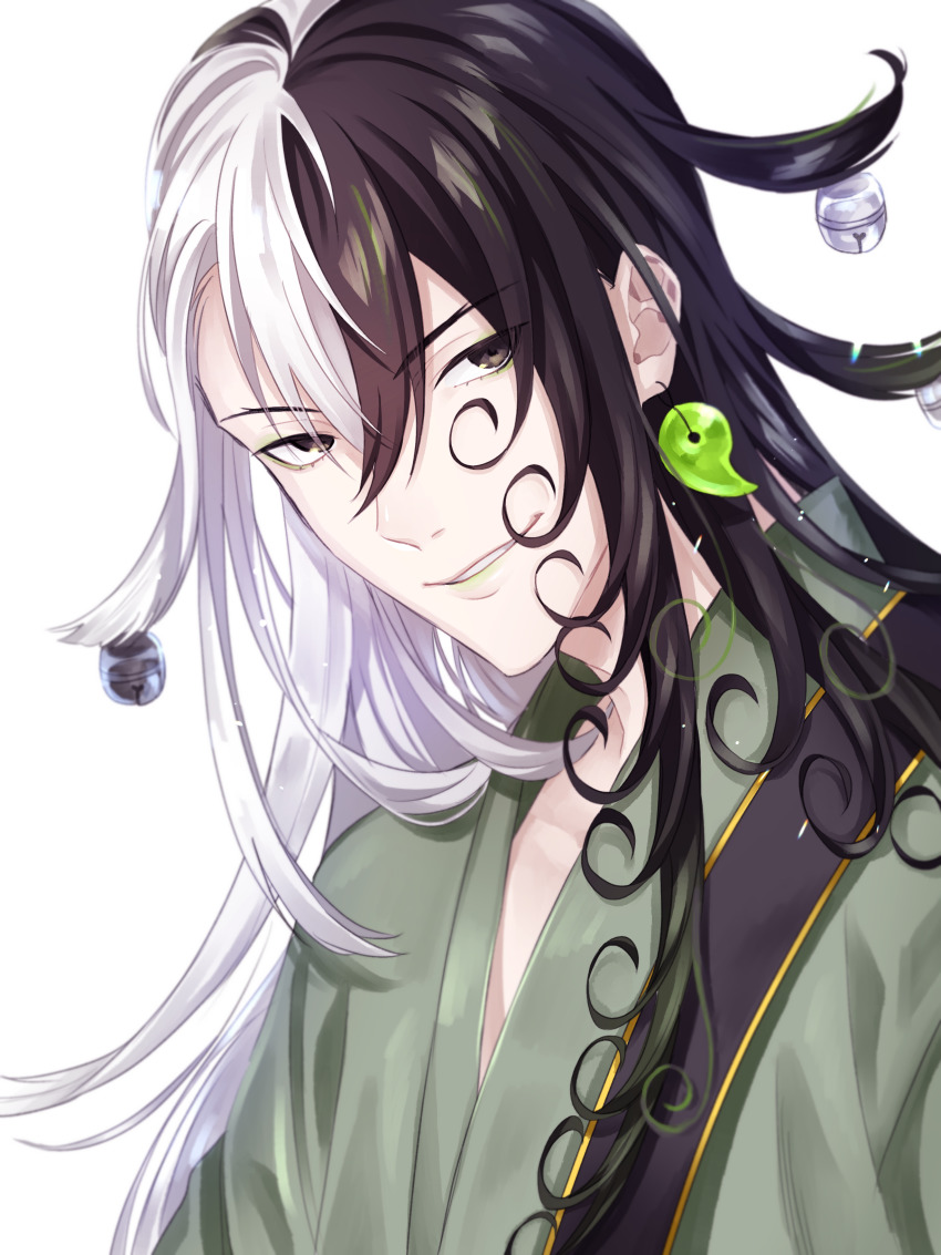 1boy, absurdres, ashiya_douman_(fate), asymmetrical_hair, bell, black_eyes, black_hair, blurry