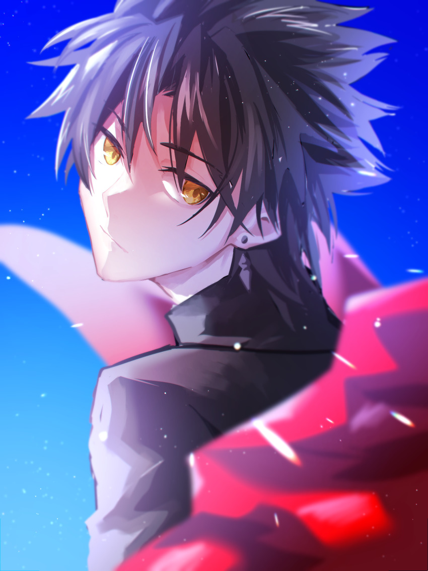 1boy, amakusa_shirou_(fate), black_hair, black_shirt, blue_background, closed_mouth, earrings, fate/apocrypha