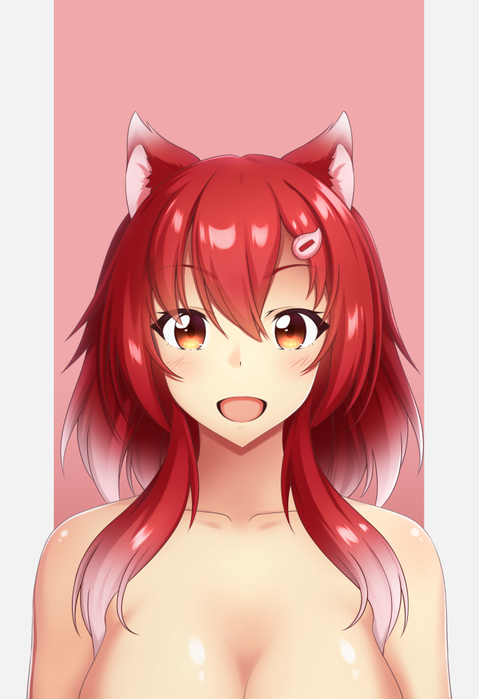 1girl, :d, animal_ear_fluff, animal_ears, blush, breasts, cleavage, collarbone