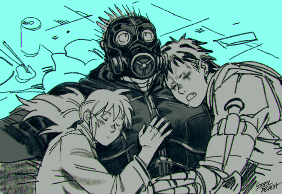 1girl, 2boys, bad_id, bad_pixiv_id, blush, caiman_(dorohedoro), dorohedoro, drooling