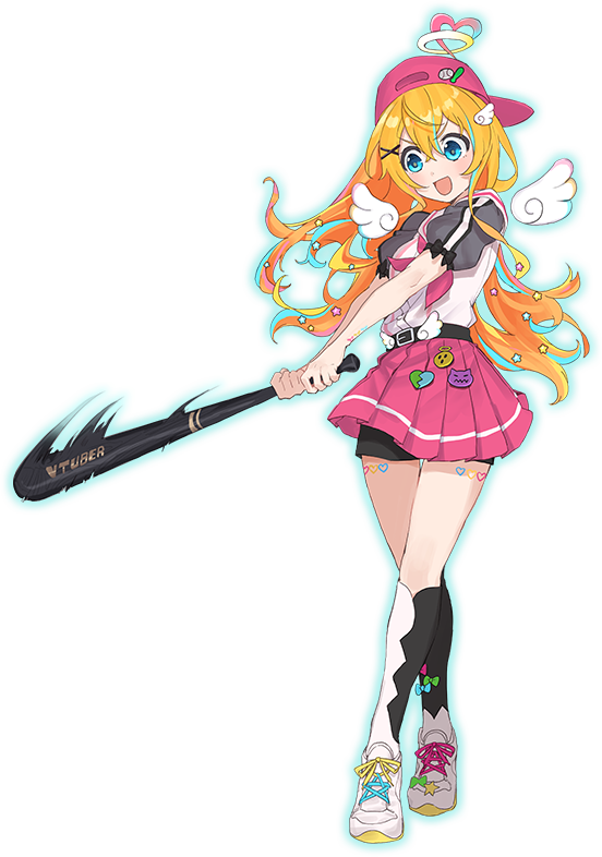 1girl, ahoge, alternate_costume, angel_wings, baseball_bat, baseball_cap, belt, blonde_hair