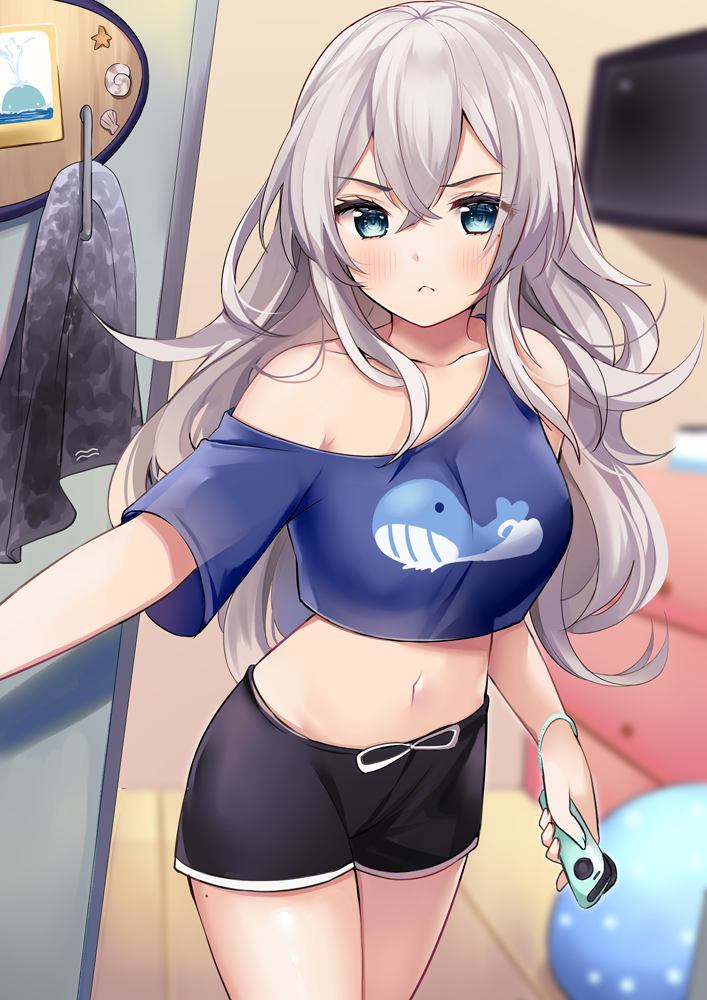 1girl, animal_print, bare_shoulders, black_shorts, blue_eyes, blue_shirt, blurry, breasts