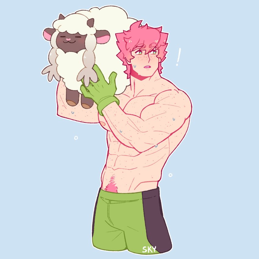 1boy, abs, bara, bulge, carrying_over_shoulder, cropped_legs, feraltintinsimp, freckles, gen_8_pokemon, green_eyes, green_shorts, highres, large_pectorals, male_focus, messy_hair, milo_(pokemon), muscular, muscular_male, navel, navel_hair, nintendo, nipples, pectorals, pink_hair, pokemon, pokemon_(creature), pokemon_sword_and_shield, short_hair, shorts, topless_male, wooloo