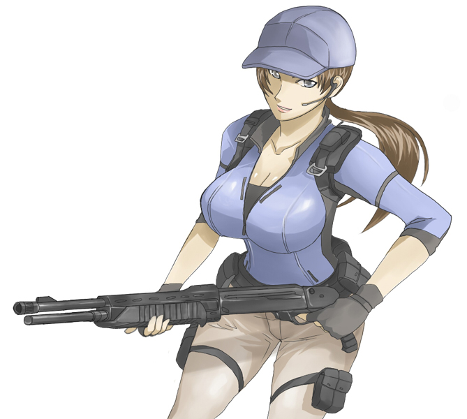 1girl, breasts, brown_hair, cleavage, dual-mode_shotgun, female_focus, fingerless_gloves, gloves
