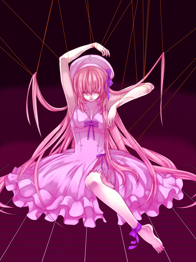 1girl, armpits, arms_up, bad_id, bad_pixiv_id, barefoot, dress, closed_eyes, feet, female_focus, full_body, hat, long_hair, marionette_(vocaloid), megurine_luka, pink_hair, puppet, ribbon, sitting, solo, string, suzunosuke_(sagula), vocaloid