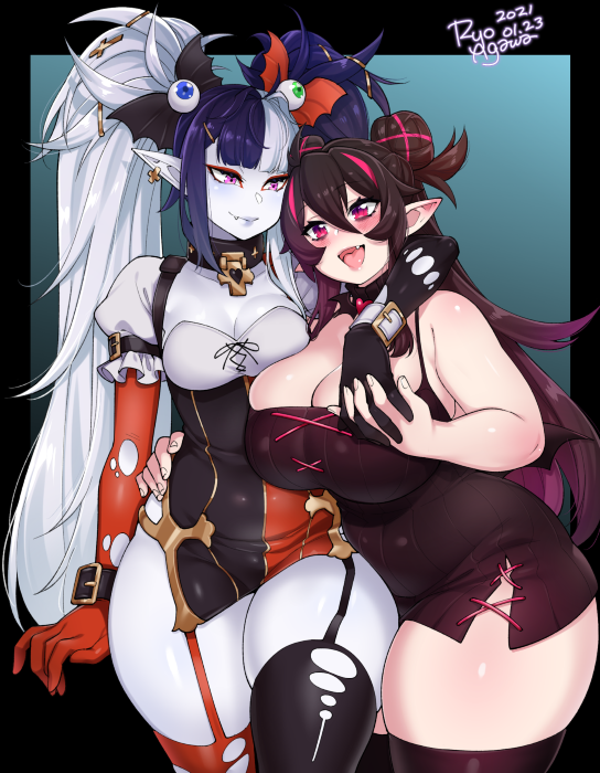 2021, agawa_ryou, bare_shoulders, belly, black_hair, blue_eyes, breasts, cleavage, commentary, commission, draculita, elizabeth_von_mountbatten_(osiimi), fangs, indie_virtual_youtuber, large_breasts, long_hair, multicolored_hair, pale_skin, plump, pointy_ears, signature, smile, thick_thighs, thighs, virtual_youtuber, white_hair, wide_hips