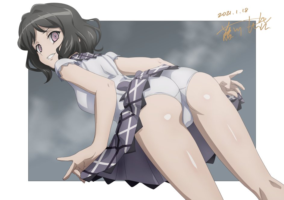 1girl, ass, black_hair, border, breasts, dated, fujikawa_daichi, grin, kohinata_miku, looking_at_viewer, looking_back, panties, parted_lips, purple_eyes, senki_zesshou_symphogear, shem-ha, shiny_skin, short_hair, sleeveless, small_breasts, smile, solo, underwear, white_border, white_panties