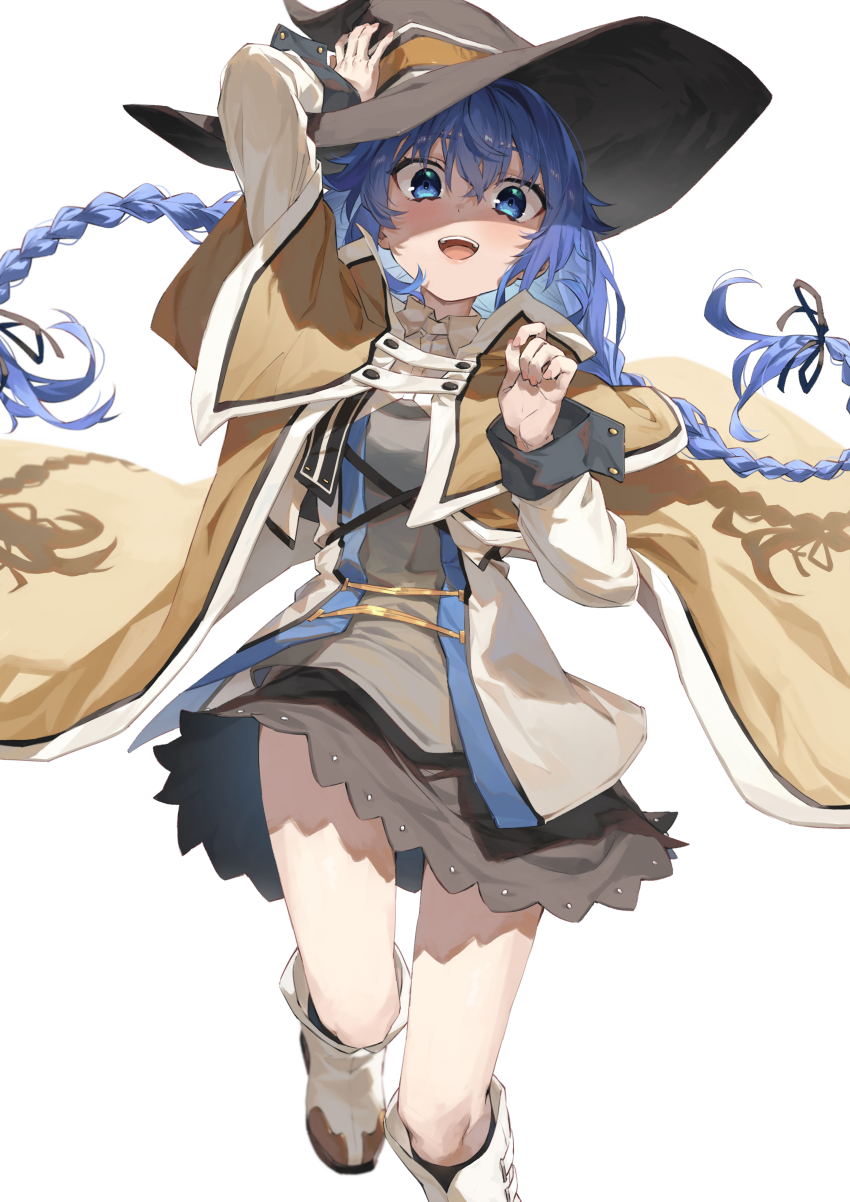1girl, absurdres, beige_cloak, black_hat, black_ribbon, black_skirt, blue_eyes, blue_hair, braid, cloak, floating_clothes, floating_hair, grey_shirt, hair_ribbon, hat, highres, long_sleeves, looking_at_viewer, mushoku_tensei, open_mouth, ribbon, roxy_migurdia, shaded_face, shirt, simple_background, skirt, smile, solo, teeth, tsukino_(nakajimaseiki), white_background, witch_hat