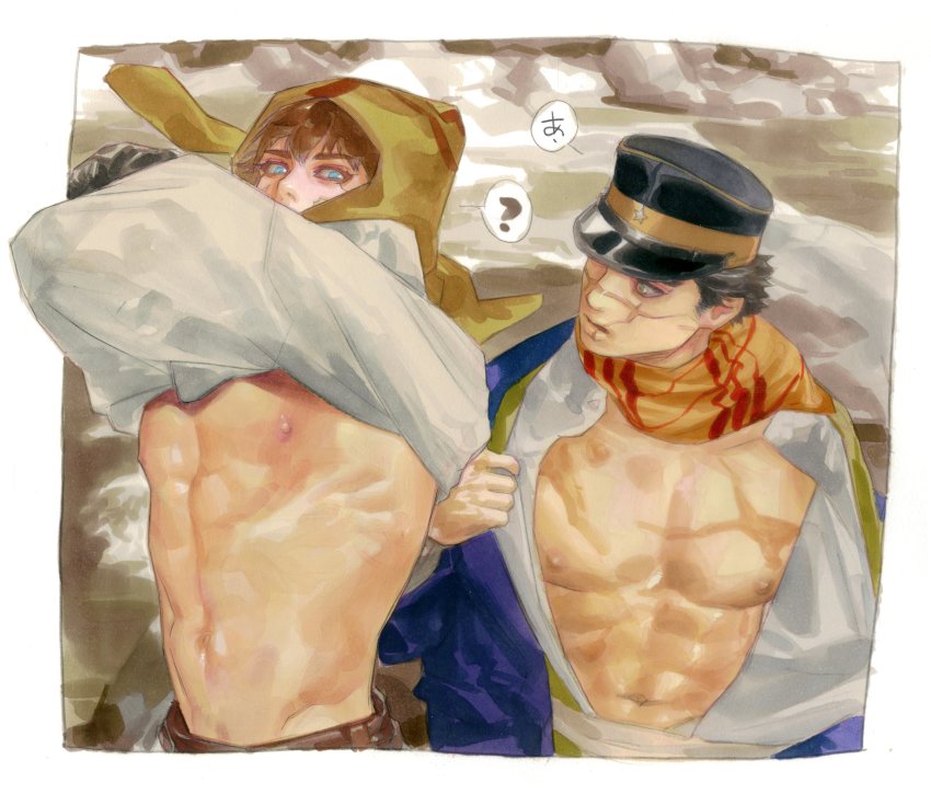 2boys, ?, abs, absurdres, bare_pectorals, beard, blue_eyes, brown_eyes