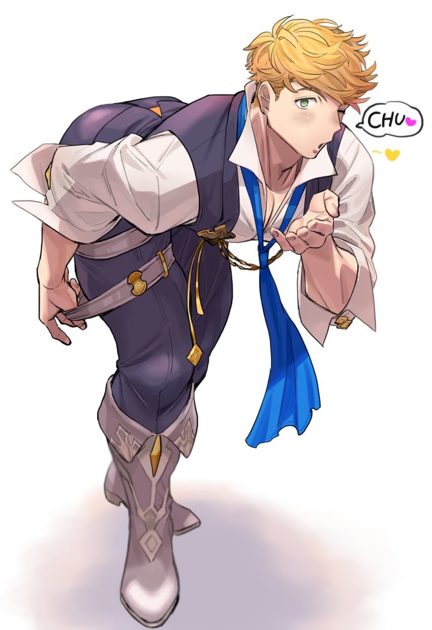 1boy, ass, bad_id, bad_twitter_id, black_vest, blonde_hair, blowing_kiss, blush, boots, brown_boots, clothes_pull, full_body, granblue_fantasy, green_eyes, highres, leaning_forward, looking_at_viewer, male_focus, migi_(mm86262394), one_eye_closed, partially_unbuttoned, pectoral_cleavage, pectorals, pulling_own_clothes, short_hair, solo, toned, toned_male, vane_(granblue_fantasy), vane_(the_dragon_knights)_(granblue_fantasy), vest