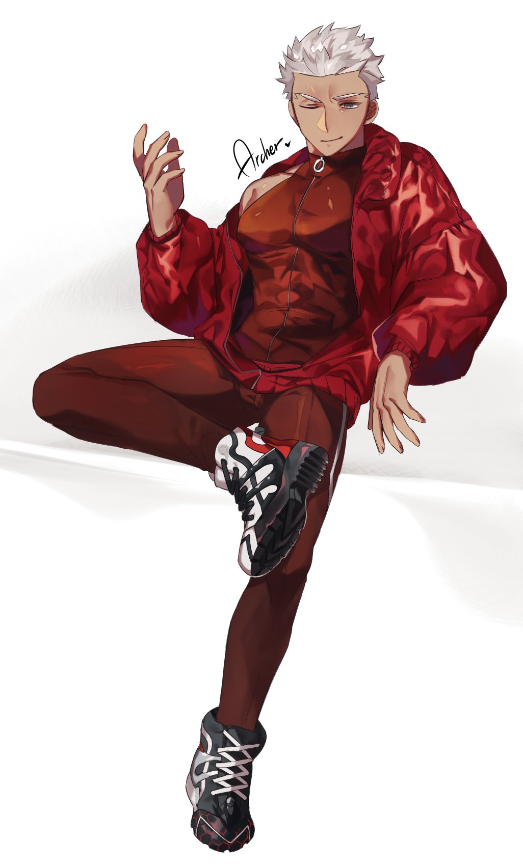 1boy, archer_(fate), archer_(winter_caravan_online_2021)_(fate), brown_eyes, covered_abs, covered_erect_nipples, dark-skinned_male, dark_skin