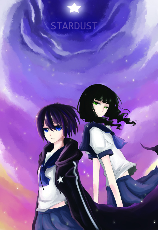 10s, 2girls, angry, back-to-back, bad_id, bad_pixiv_id, black_hair, black_rock_shooter