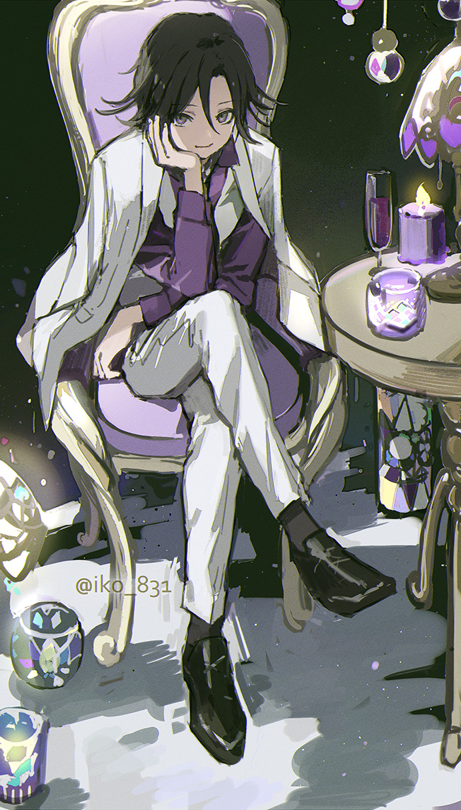 1boy, artist_name, black_hair, black_shoes, chair, closed_mouth, commentary_request, crossed_legs