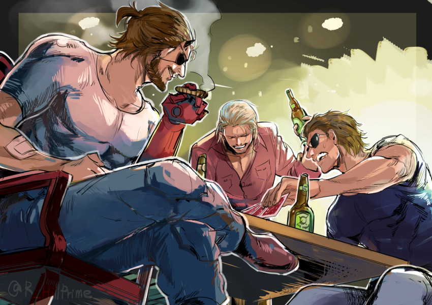 3boys, alcohol, artist_name, bandages, beard, beer, beer_bottle, blonde_hair, blouse, blue_shirt, bottle, brown_hair, card, casual, chair, cigar, closed_eyes, collarbone, collared_shirt, eyepatch, facial_hair, highres, hillprime, holding, holding_bottle, holding_card, horns, kazuhira_miller, long_sleeves, male_focus, mechanical_arms, metal_gear_(series), metal_gear_solid_v:_the_phantom_pain, multiple_boys, muscular, open_mouth, playing_card, playing_games, ponytail, prosthesis, prosthetic_arm, red_shirt, revolver_ocelot, scar, scar_on_face, scar_on_nose, shirt, short_hair, short_sleeves, single_horn, single_mechanical_arm, sitting, slice_of_life, smile, smoke, smoking, sunglasses, sweat, table, twitter_username, venom_snake, white_shirt
