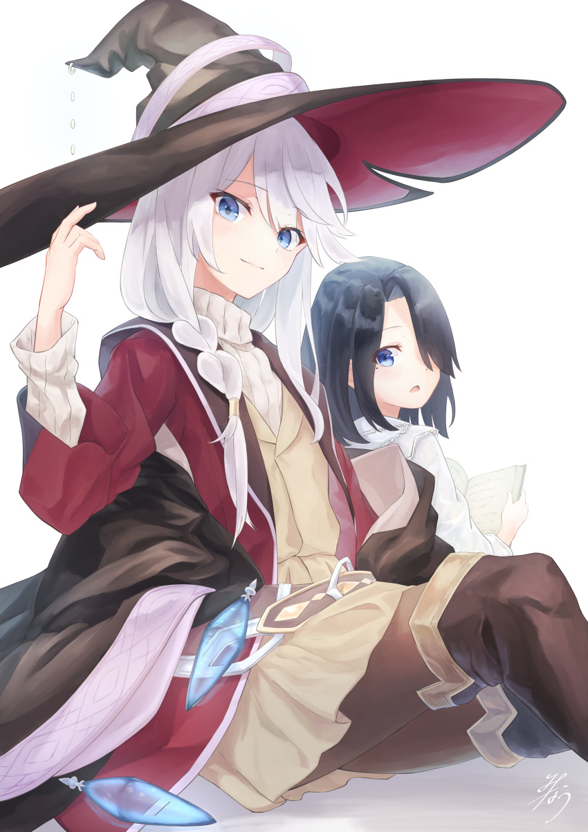 2girls, absurdres, black_hair, blue_eyes, book, braid, brown_legwear, flat_chest