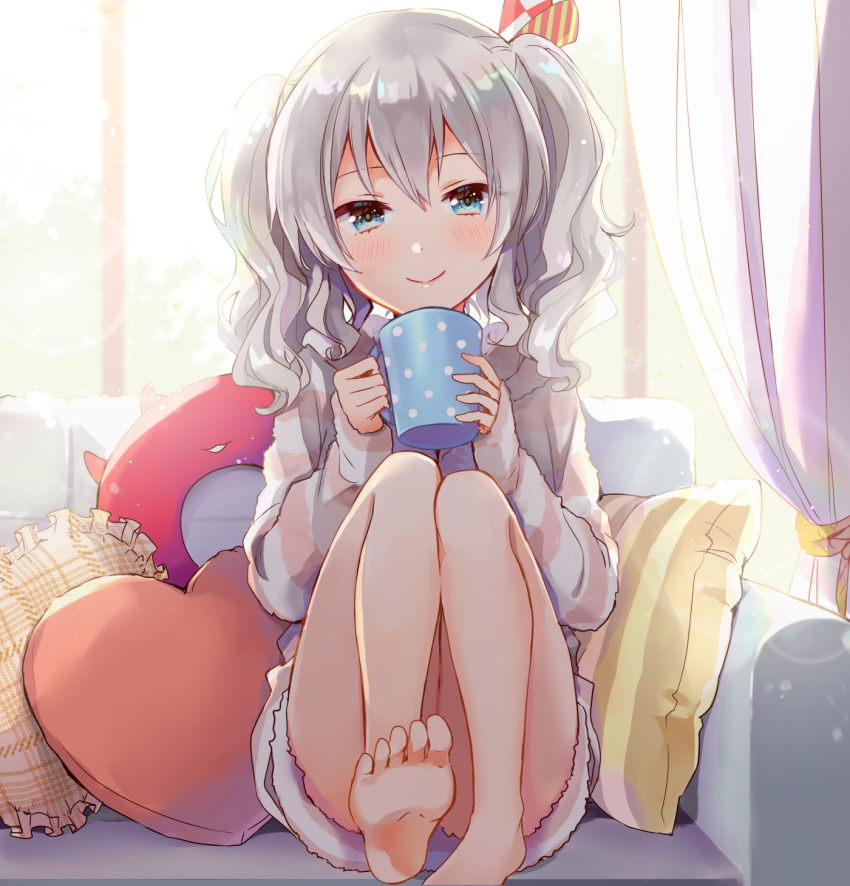 1girl, 1other, anbutter_siruko, barefoot, blue_eyes, blush, closed_mouth, couch, cup, curtains, enemy_lifebuoy_(kancolle), hair_between_eyes, heart, heart-shaped_pillow, highres, holding, holding_cup, kantai_collection, kashima_(kancolle), long_hair, long_sleeves, looking_at_viewer, mug, pillow, shirt, silver_hair, smile, striped_clothes, striped_shirt, toes, twintails, window