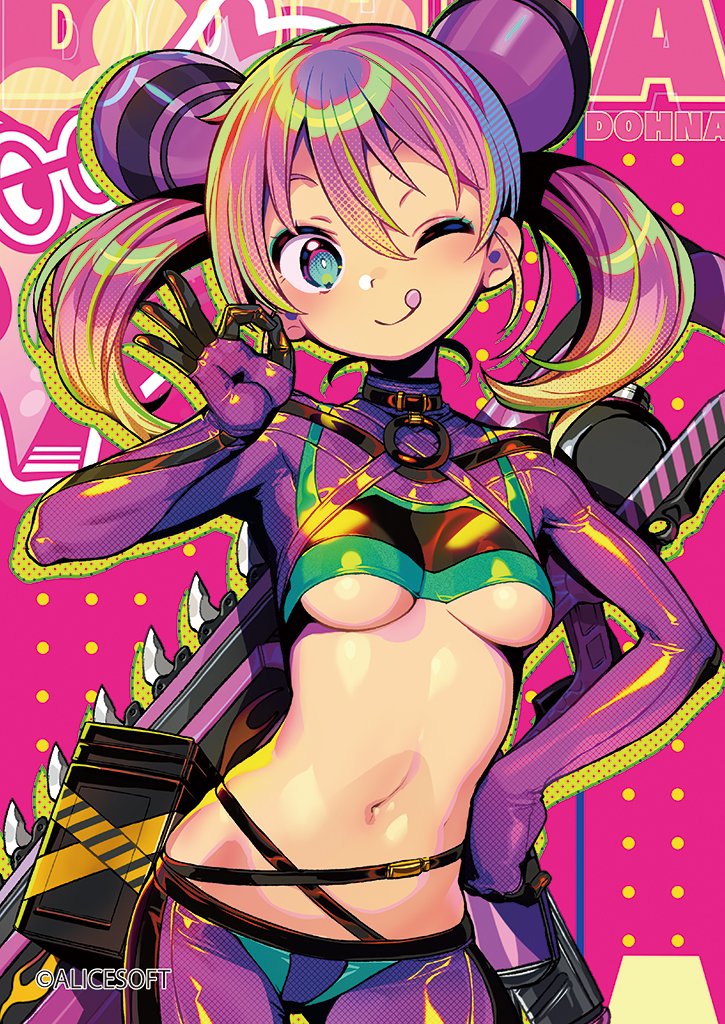 1girl, :q, aqua_eyes, arm_at_side, blonde_hair, blush, bodysuit, breasts, chainsaw, commentary_request, copyright_name, cowboy_shot, dohna_dohna_issho_ni_warui_koto_o_shiyou, kirakira_(dohna_dohna), looking_at_viewer, medium_breasts, medium_hair, midriff, multicolored_hair, navel, o-ring, official_art, ok_sign, one_eye_closed, onono_imoko, partial_bodysuit, pink_hair, skindentation, smile, solo, tongue, tongue_out, twintails, two-tone_hair, underboob