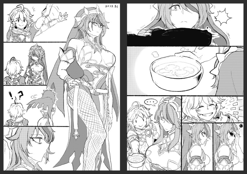 !?, ..., 1boy, 1girl, :>, aether_(genshin_impact), ahoge, bags_under_eyes, bare_shoulders, breasts, elbow_gloves, facepalm, fishnet_legwear, fishnets, frown, genshin_impact, gloves, greyscale, hair_between_eyes, highres, large_breasts, long_hair, monochrome, nun, nun_headdress, riffle_hunter, rosaria_(genshin_impact), smile, veil, waving