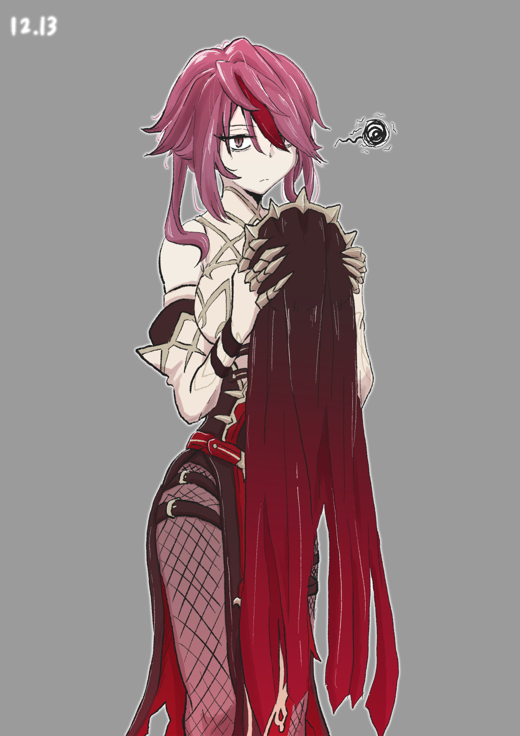 1girl, bags_under_eyes, bare_shoulders, breasts, claws, elbow_gloves, fishnet_pantyhose, fishnets