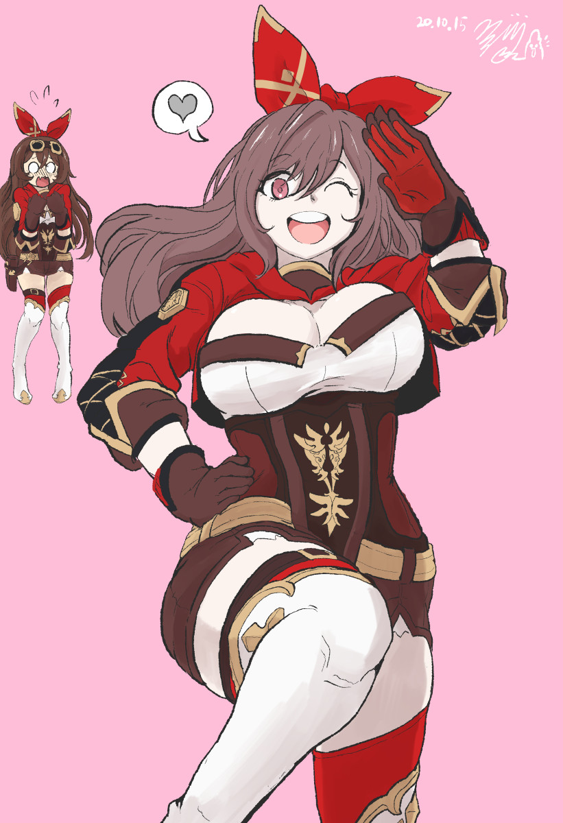 alternate_breast_size, amber_(genshin_impact), amber_(genshin_impact)_(cosplay), belt, blush, boots, breasts, cleavage, cosplay, crossover, genshin_impact, gloves, goggles, goggles_on_head, hair_between_eyes, hair_ribbon, heart, highres, idolmaster, idolmaster_shiny_colors, large_breasts, long_hair, o_o, one_eye_closed, red_hood, red_ribbon, ribbon, riffle_hunter, shorts, simple_background, spoken_heart, thigh_boots, thighhighs, thighs, tsukioka_kogane