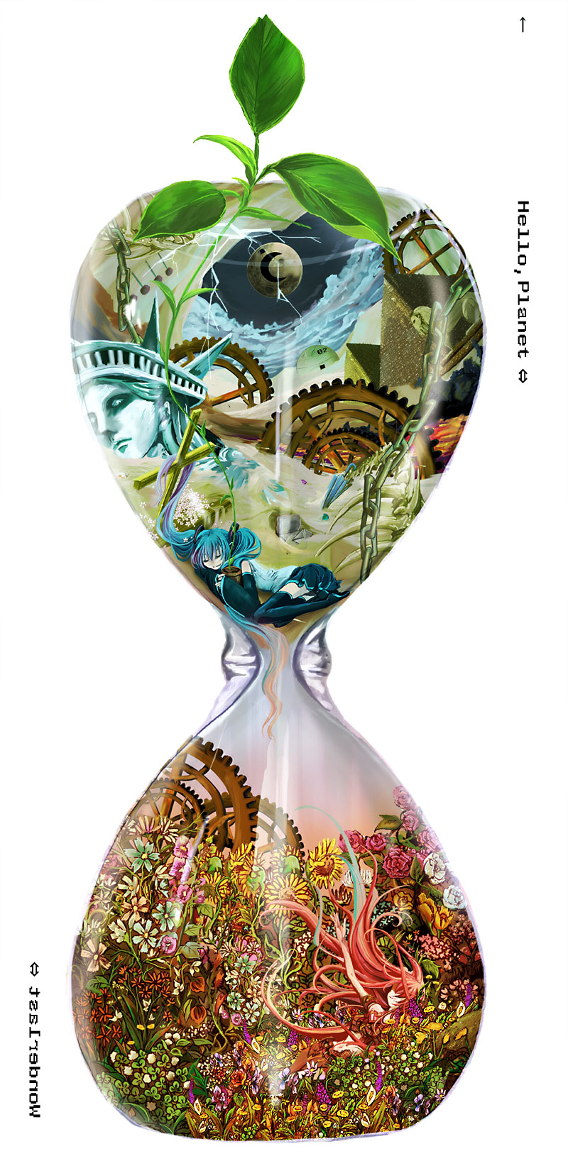 2girls, aqua_hair, chain, creator_connection, flower, gears, hatsune_miku, hello_planet_(vocaloid), highres, hourglass, long_hair, megurine_luka, moon, multiple_girls, pink_hair, plant, pot, rose, sand, skirt, sleeping, songover, statue_of_liberty, sunflower, tanbonota, thighhighs, twintails, umbrella, very_long_hair, vocaloid, wander_last_(vocaloid)