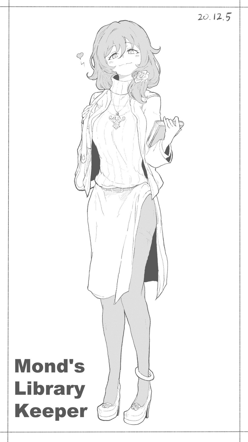 1girl, alternate_costume, flower, genshin_impact, greyscale, hair_between_eyes, hair_flower, hair_ornament