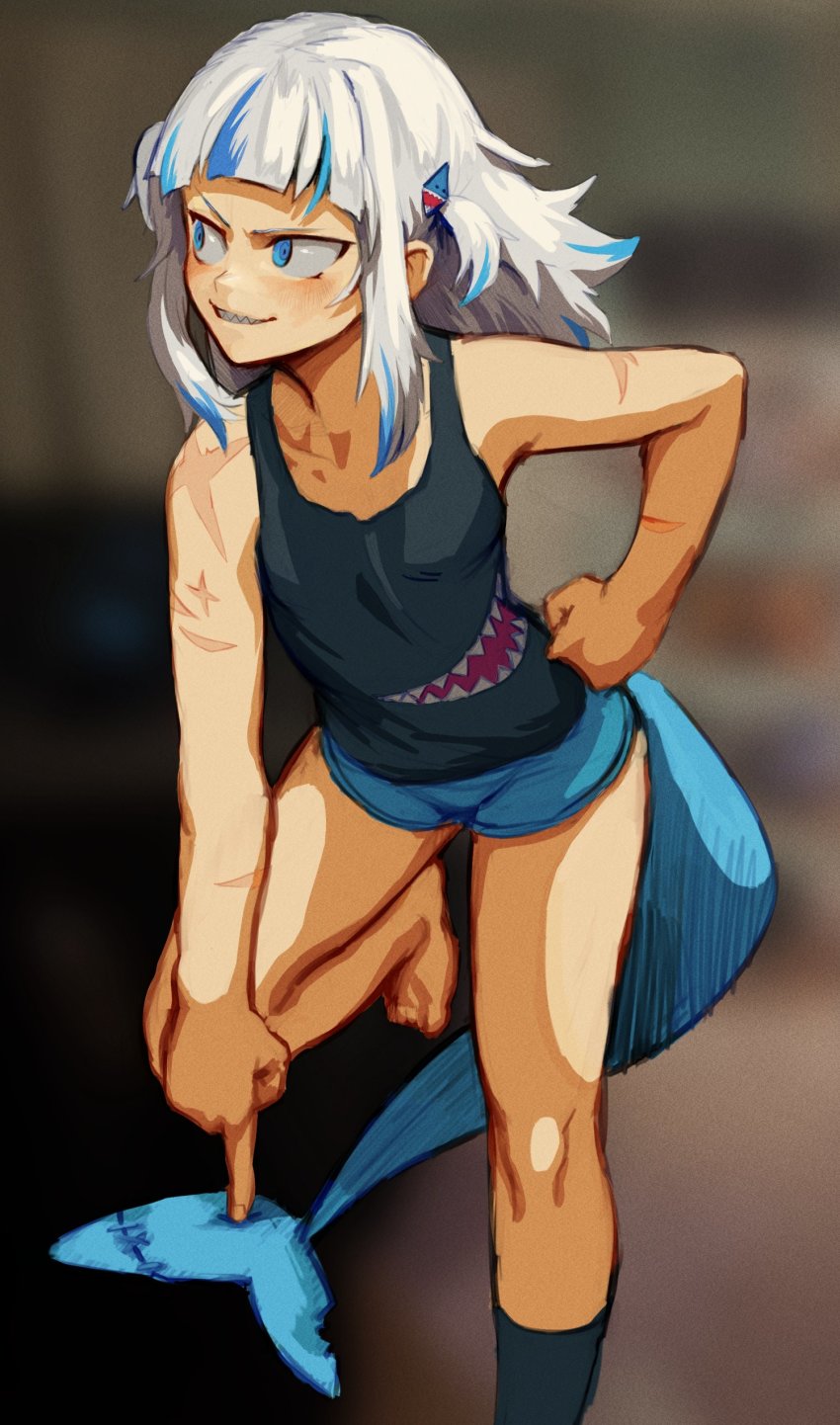 1girl, absurdres, blue_hair, fins, fish_tail, gawr_gura, grin, highres, hololive, hololive_english, leg_up, medium_hair, multicolored_hair, pointing, scar, shark_tail, sharp_teeth, silver_hair, single_sock, single_thighhigh, smile, socks, streaked_hair, tail, tank_top, teeth, thighhighs, vile_domple, virtual_youtuber