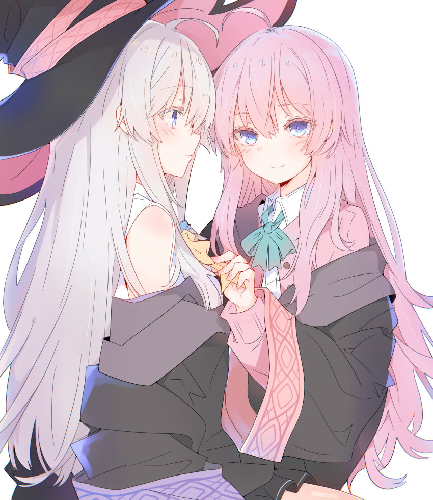 2girls, absurdres, ahoge, bare_shoulders, black_headwear, black_robe, black_skirt, blue_bow