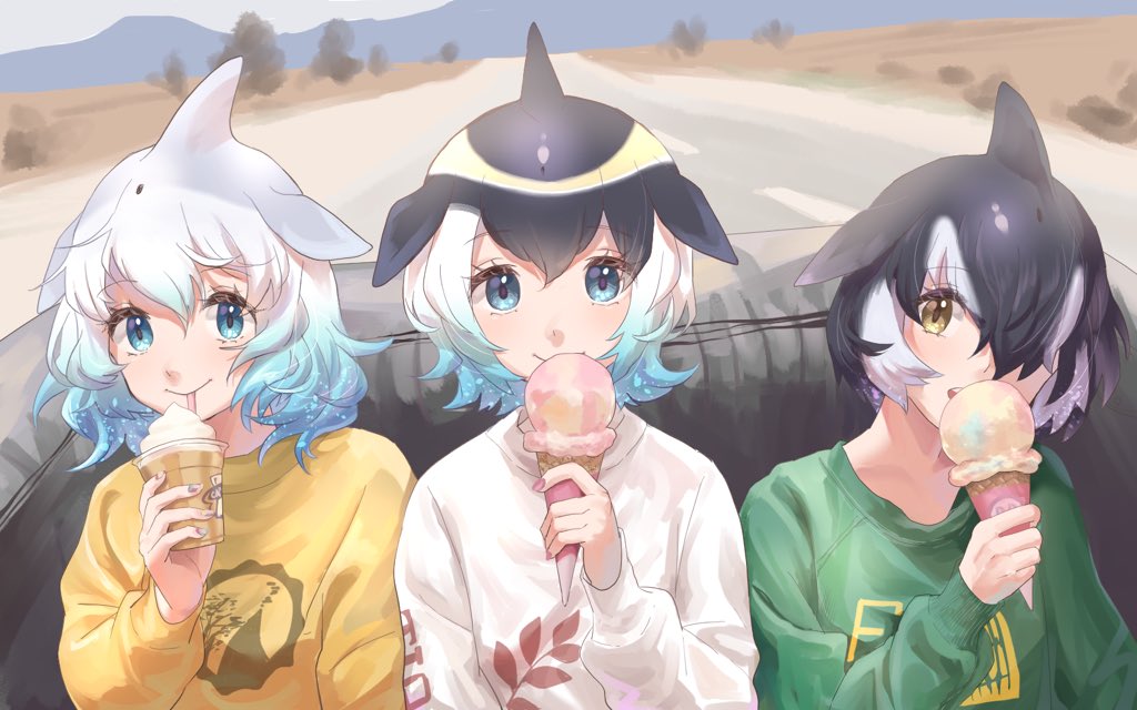 3girls, alternate_costume, black_hair, blonde_hair, blowhole, blue_eyes, blue_hair, casual