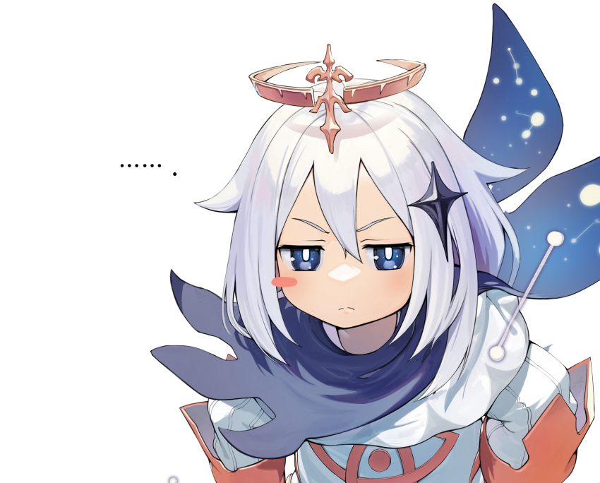 ..., 1girl, :<, blue_eyes, blush_stickers, cape, capelet, dress