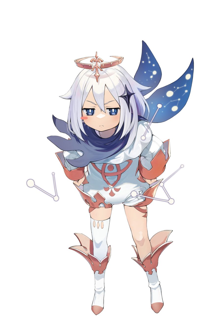 1girl, :<, asymmetrical_legwear, blue_eyes, blush_stickers, cape, capelet, dress