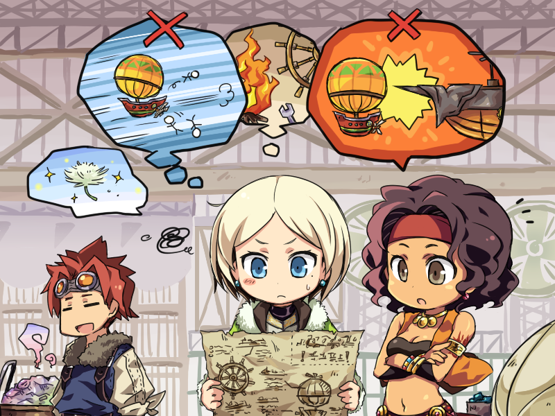 1girl, 2boys, :d, :o, aircraft, airship, blonde_hair, blue_eyes, breasts, brown_eyes, brown_hair, chibi, ciaran_(sekaiju), cleavage, curly_hair, etrian_odyssey, closed_eyes, fur_collar, goggles, goggles_on_head, headband, indoors, kirjonen, medium_hair, midriff, multiple_boys, navel, open_mouth, pote_(ptkan), red_hair, sekaiju_no_meikyuu, sekaiju_no_meikyuu_4, smile, sweatdrop, wufan_(sekaiju)