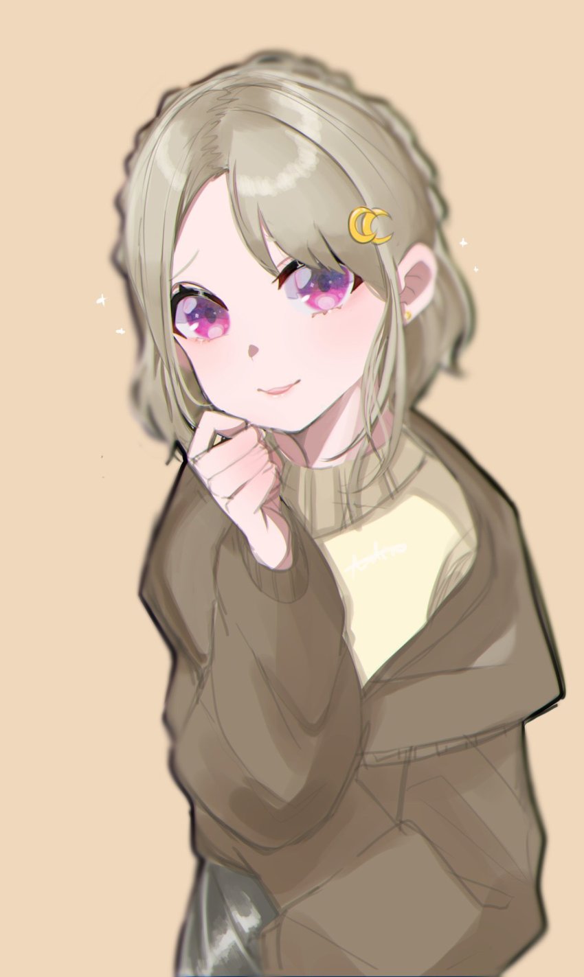 1girl, alternate_hairstyle, arlcn, arlcn_(arlcn_1115), artist_name, artist_request, blush, braid, breasts, brown_coat, brown_hair, coat, crescent, crescent_hair_ornament, crown_braid, female_focus, grey_hair, hair_ornament, highres, light_brown_hair, light_brown_sweater, looking_at_viewer, love_live!, love_live!_nijigasaki_high_school_idol_club, nakasu_kasumi, parted_lips, purple_eyes, red_eyes, short_hair, smile, solo