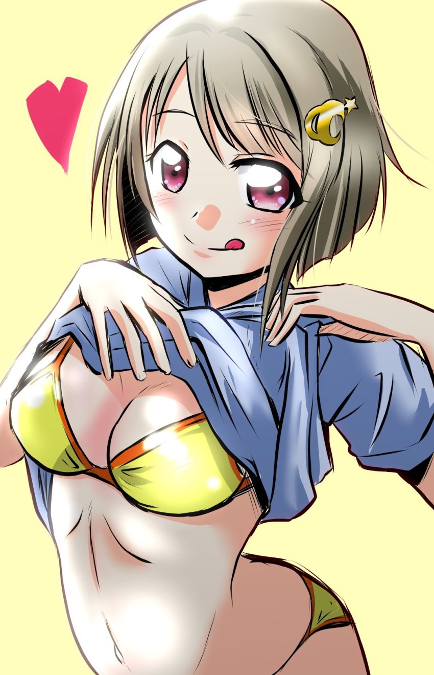 1girl, :p, aqua_shirt, artist_name, artist_request, bikini, blush, breasts